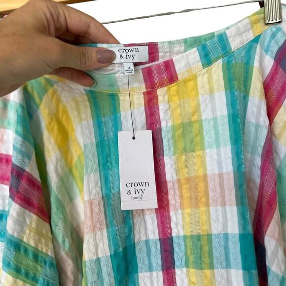 NWT Crown & Ivy Cotton Colorful Plaid Seersucker Flared Skirt Size 14 - Picture 3 of 8